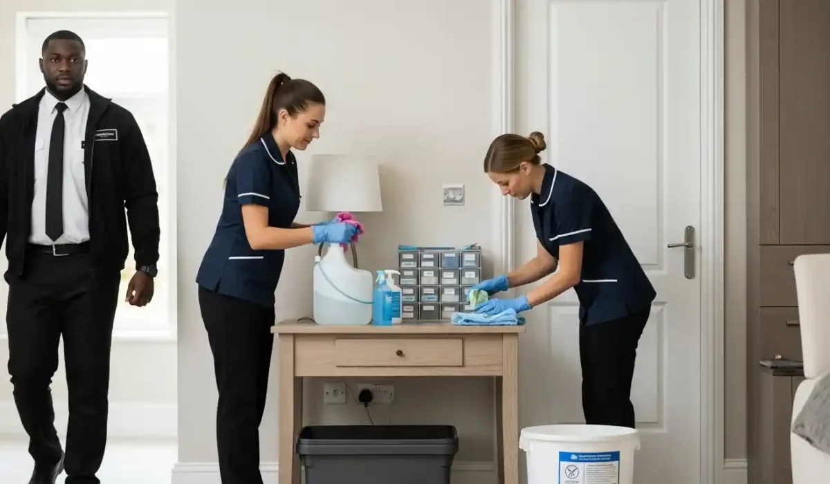 Two female staff performing tasks while a male guard patrols the premises of a luxury home.